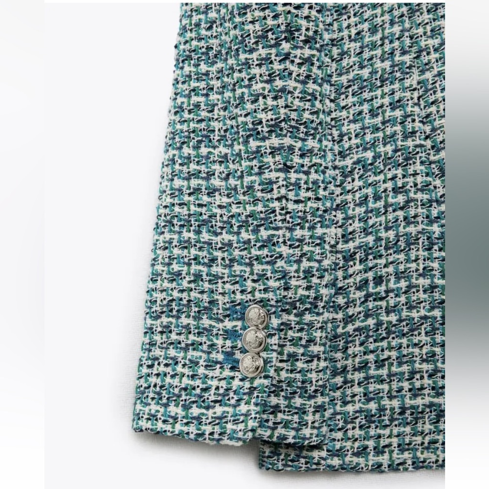 ZARA BUTTONED TEXTURED WEAVE BLAZER  GREE/BLUE SIZE S NEW - Picture 11 of 11
